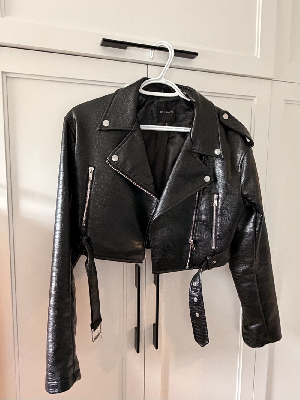 Dynamite Black Cropped Faux-Leather Moto Jacket